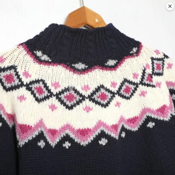 Vintage St Michael Fair Isle Wool Blend Sweater Pullover Navy Blue White Pink - Picture 10 of 13